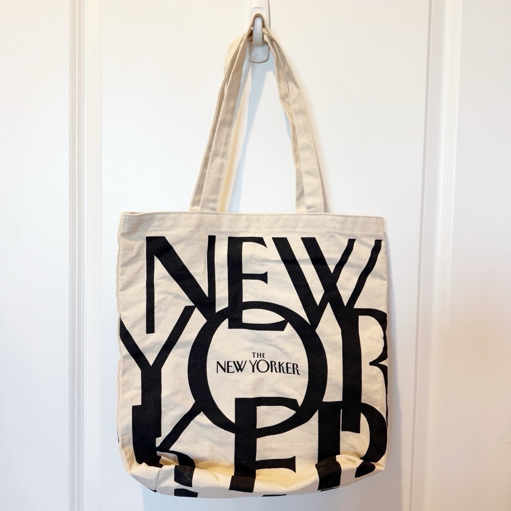 The New Yorker Canvas Tote Bag 14 X 5 × 14 White Black Logo Open Reusable